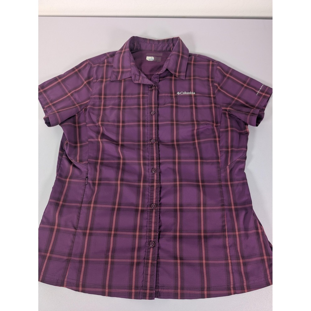 Columbia Shirt Womens Large Purple Plaid Omni-Shade Short Sleeve Outdoor Hiking - Picture 7 of 10